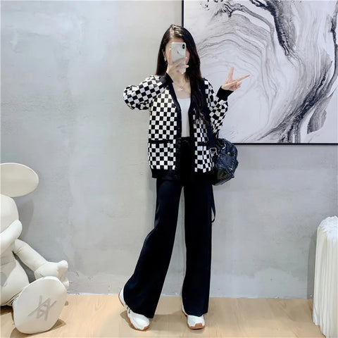 New Autumn Casual Fashion Plaid Long Sleeve Knitwear + Wide Leg Pants 2 Piece Set CODE: KAR2644