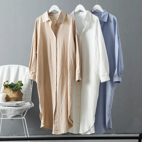New Casual Vintage Oversized Midi Robe Loose Shirt Dress CODE: KAR2645