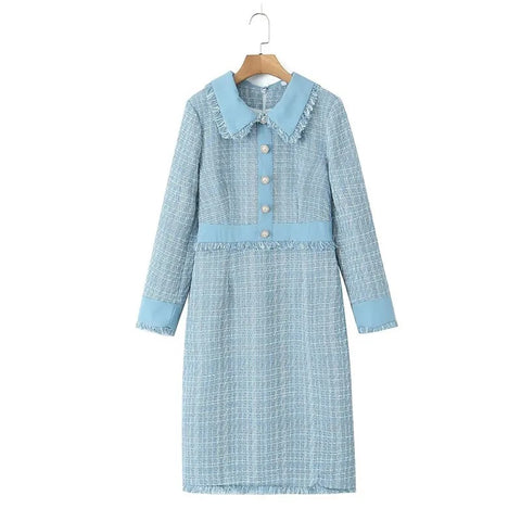 New Autumn Peter Pan Collar Fringes Gingham Pearl Button Long Sleeve Flash Dress CODE: KAR2648