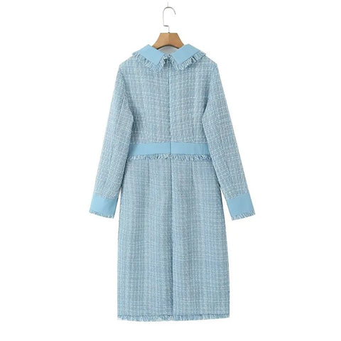 New Autumn Peter Pan Collar Fringes Gingham Pearl Button Long Sleeve Flash Dress CODE: KAR2648