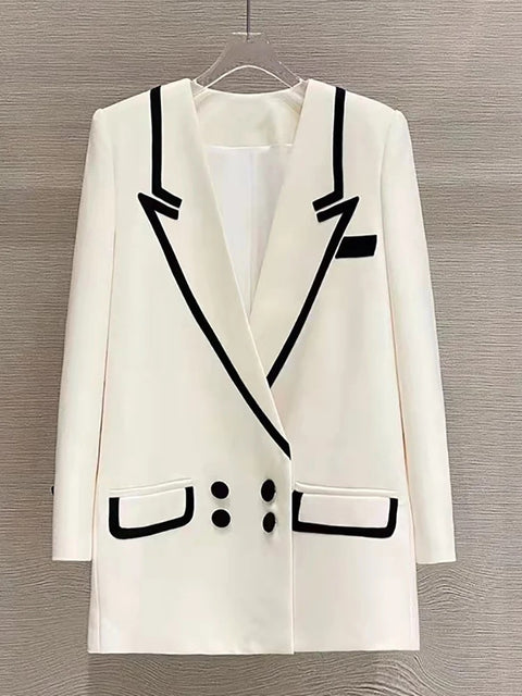 New Fashion Loose Notched Collar Full Sleeve Double Breasted Black Stripe X-long Blazer CODE: KAR2651