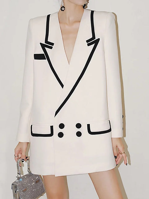 New Fashion Loose Notched Collar Full Sleeve Double Breasted Black Stripe X-long Blazer CODE: KAR2651