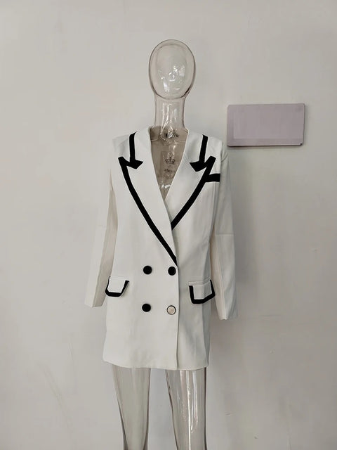 New Fashion Loose Notched Collar Full Sleeve Double Breasted Black Stripe X-long Blazer CODE: KAR2651