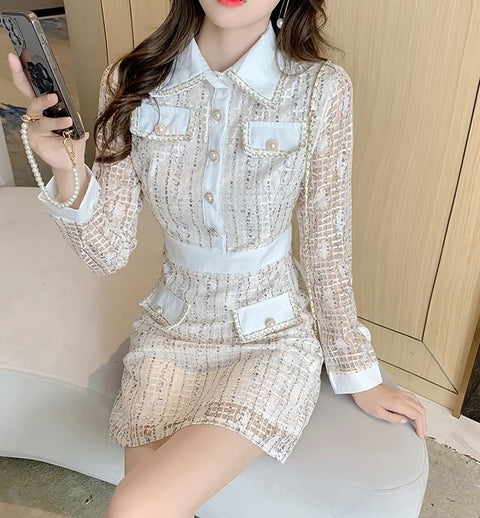 New Luxury Quality Wrist Sleeves Lace Patchwork Tweed Bow A Line Party Single Breasted Dress CODE: KAR2652