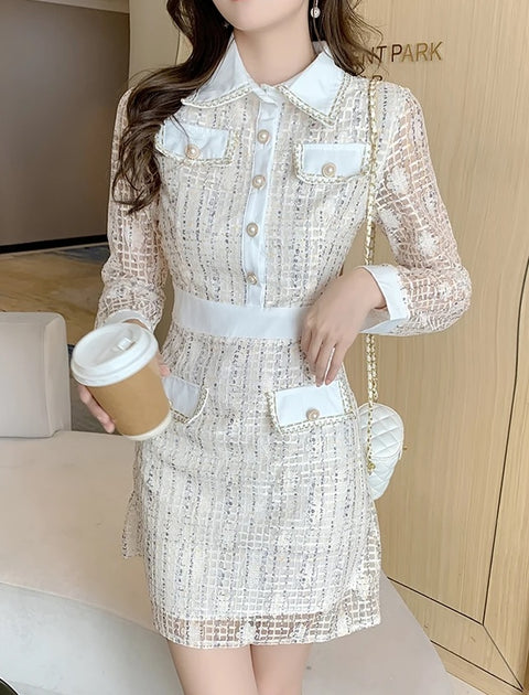 New Luxury Quality Wrist Sleeves Lace Patchwork Tweed Bow A Line Party Single Breasted Dress CODE: KAR2652