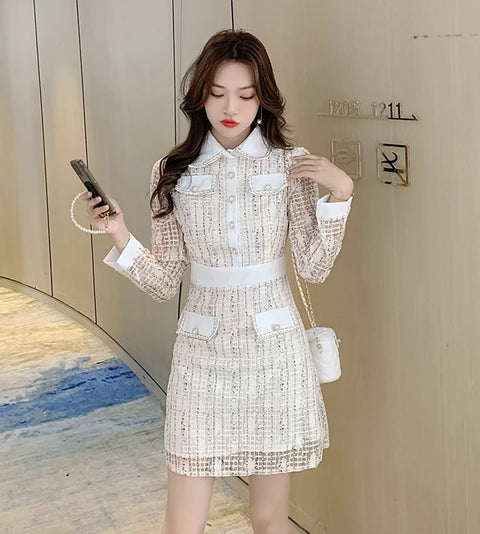 New Luxury Quality Wrist Sleeves Lace Patchwork Tweed Bow A Line Party Single Breasted Dress CODE: KAR2652