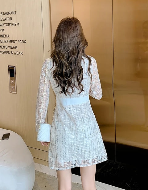 New Luxury Quality Wrist Sleeves Lace Patchwork Tweed Bow A Line Party Single Breasted Dress CODE: KAR2652