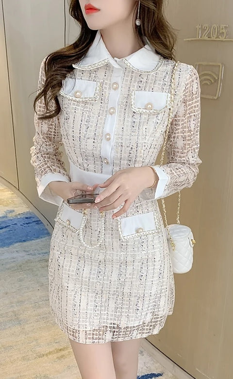 New Luxury Quality Wrist Sleeves Lace Patchwork Tweed Bow A Line Party Single Breasted Dress CODE: KAR2652