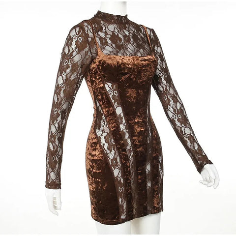 New Sexy Elegant Patchwork Stand Collar Long Sleeve Bodycon Mini Dress CODE: KAR2653