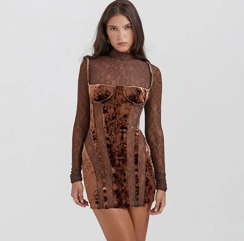 New Sexy Elegant Patchwork Stand Collar Long Sleeve Bodycon Mini Dress CODE: KAR2653