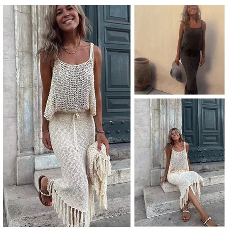 New Sexy Sleeveless Solid Tassels Long Skirt Knitted Crochet Two-piece Set CODE: KAR2658
