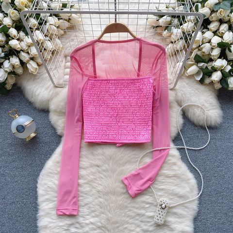 New Sexy Three-dimensional Flower Long Sleeve Square Neck Top CODE: KAR2659