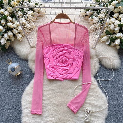 New Sexy Three-dimensional Flower Long Sleeve Square Neck Top CODE: KAR2659
