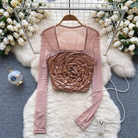 New Sexy Three-dimensional Flower Long Sleeve Square Neck Top CODE: KAR2659