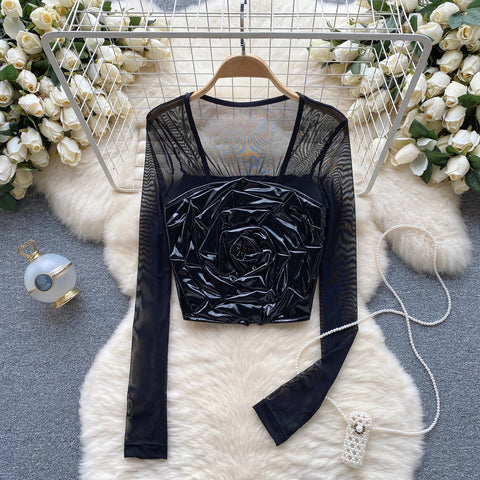 New Sexy Three-dimensional Flower Long Sleeve Square Neck Top CODE: KAR2659