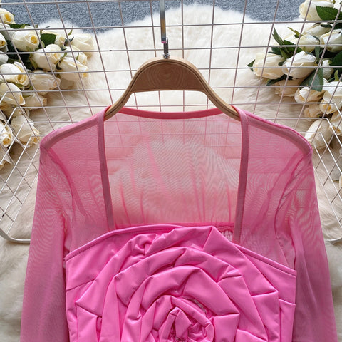 New Sexy Three-dimensional Flower Long Sleeve Square Neck Top CODE: KAR2659