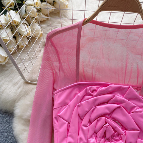 New Sexy Three-dimensional Flower Long Sleeve Square Neck Top CODE: KAR2659