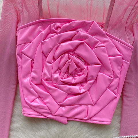 New Sexy Three-dimensional Flower Long Sleeve Square Neck Top CODE: KAR2659