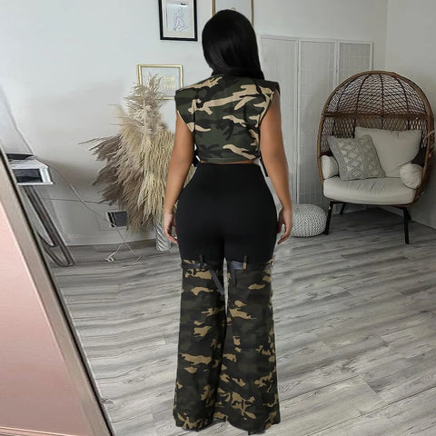 New Fashion Camouflage Patchwork Flared High Elastic Waist Skinny Pant Set CODE: KAR2660