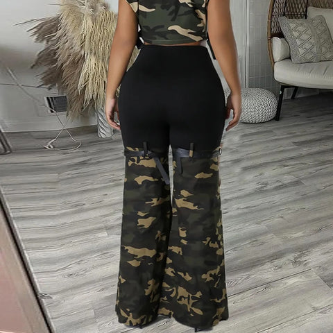 New Fashion Camouflage Patchwork Flared High Elastic Waist Skinny Pant Set CODE: KAR2660