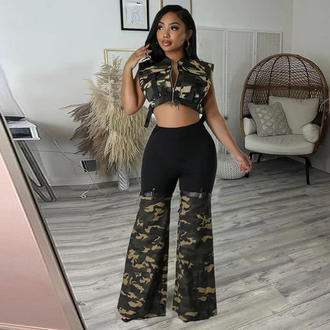 New Fashion Camouflage Patchwork Flared High Elastic Waist Skinny Pant Set CODE: KAR2660