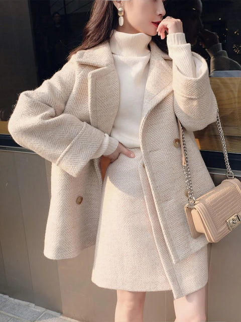 New Woollen Tweed Double Button Blazer+ Irregular Split Pencil Skirt Suit 2 Piece Set CODE: KAR2666