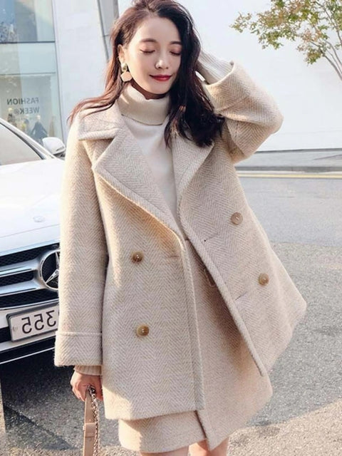New Woollen Tweed Double Button Blazer+ Irregular Split Pencil Skirt Suit 2 Piece Set CODE: KAR2666