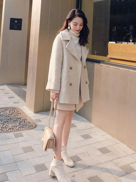 New Woollen Tweed Double Button Blazer+ Irregular Split Pencil Skirt Suit 2 Piece Set CODE: KAR2666