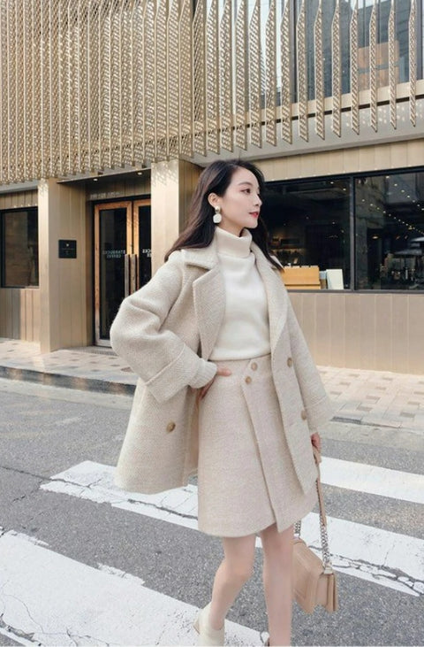 New Woollen Tweed Double Button Blazer+ Irregular Split Pencil Skirt Suit 2 Piece Set CODE: KAR2666