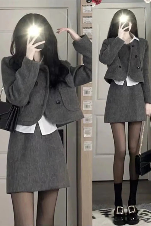 New Fashion Autumn Winter New Retro Mini Blazer Midi Skirt 2 Piece Set CODE: KAR2671