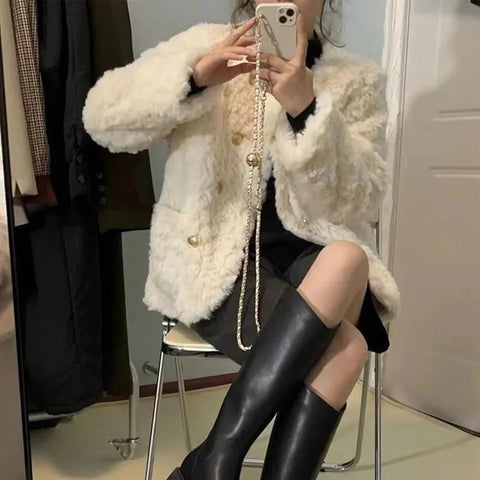 New Fashion Autumn Winter Double-Breasted Thicken O-Neck Faux Fur Outerwear CODE: KAR2673
