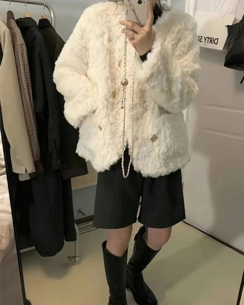 New Fashion Autumn Winter Double-Breasted Thicken O-Neck Faux Fur Outerwear CODE: KAR2673
