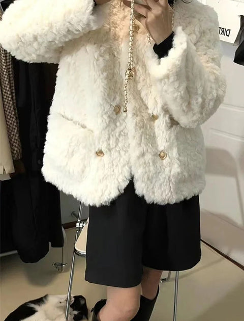 New Fashion Autumn Winter Double-Breasted Thicken O-Neck Faux Fur Outerwear CODE: KAR2673
