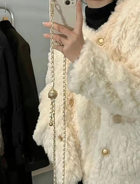 New Fashion Autumn Winter Double-Breasted Thicken O-Neck Faux Fur Outerwear CODE: KAR2673