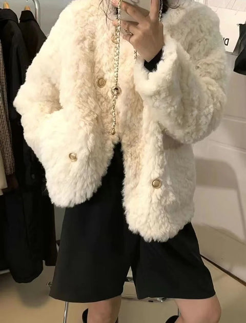 New Fashion Autumn Winter Double-Breasted Thicken O-Neck Faux Fur Outerwear CODE: KAR2673