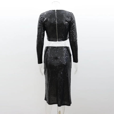 New Fashion Sexy Loose Long Sleeve High Waist Sequin Crop Top Split Skirt 2 Piece Set CODE: KAR2680
