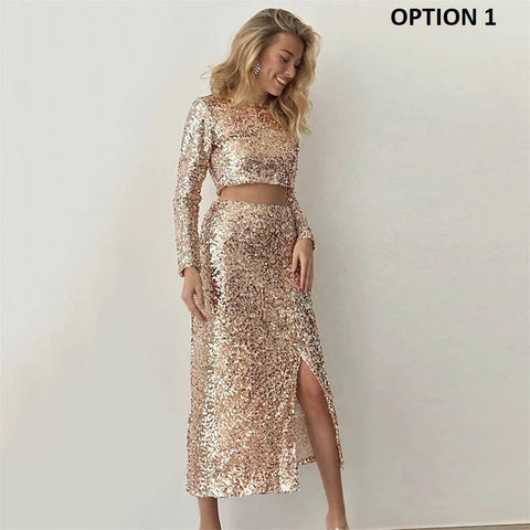 New Fashion Sexy Loose Long Sleeve High Waist Sequin Crop Top Split Skirt 2 Piece Set CODE: KAR2680