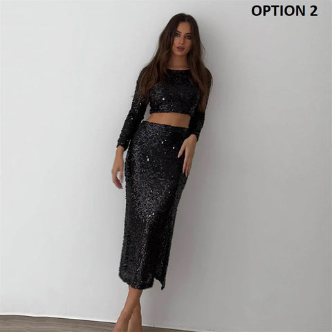 New Fashion Sexy Loose Long Sleeve High Waist Sequin Crop Top Split Skirt 2 Piece Set CODE: KAR2680