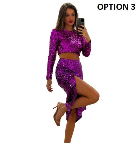 New Fashion Sexy Loose Long Sleeve High Waist Sequin Crop Top Split Skirt 2 Piece Set CODE: KAR2680