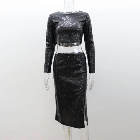 New Fashion Sexy Loose Long Sleeve High Waist Sequin Crop Top Split Skirt 2 Piece Set CODE: KAR2680