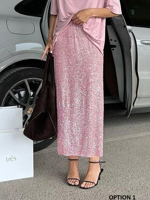 New Fashion Casual Shiny Sequins Wrap High Waist Back Slit Bodycon Pencil Skirt CODE: KAR2684
