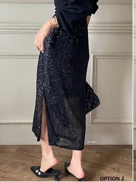 New Fashion Casual Shiny Sequins Wrap High Waist Back Slit Bodycon Pencil Skirt CODE: KAR2684