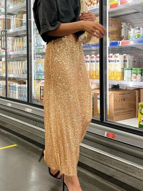 New Fashion Casual Shiny Sequins Wrap High Waist Back Slit Bodycon Pencil Skirt CODE: KAR2684