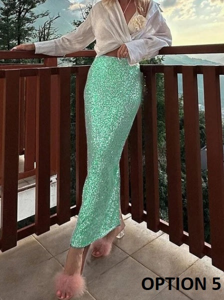 New Fashion Casual Shiny Sequins Wrap High Waist Back Slit Bodycon Pencil Skirt CODE: KAR2684