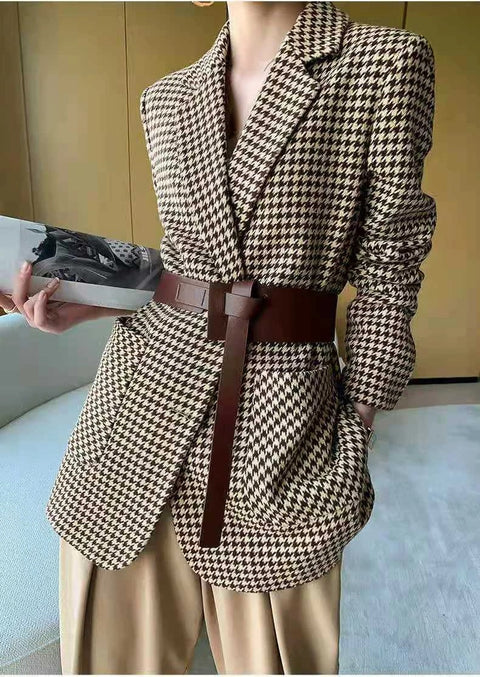 New Fashion Elegant Autumn Casual Plaid Belt Oversize Jacket CODE: KAR2699