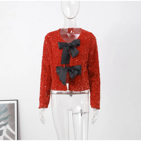 New Fashion Elegant Long Sleeve Tie-front Sequined Outerwear CODE: KAR2704
