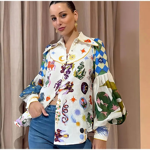 New Summer Fashion Elegant Long Lantern Sleeve Graffiti Print turn Down Collar Shirt CODE: KAR2706