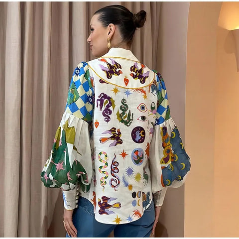 New Summer Fashion Elegant Long Lantern Sleeve Graffiti Print turn Down Collar Shirt CODE: KAR2706
