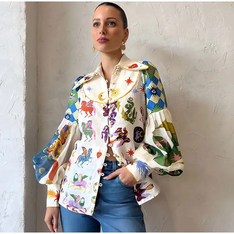 New Summer Fashion Elegant Long Lantern Sleeve Graffiti Print turn Down Collar Shirt CODE: KAR2706