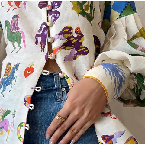 New Summer Fashion Elegant Long Lantern Sleeve Graffiti Print turn Down Collar Shirt CODE: KAR2706
